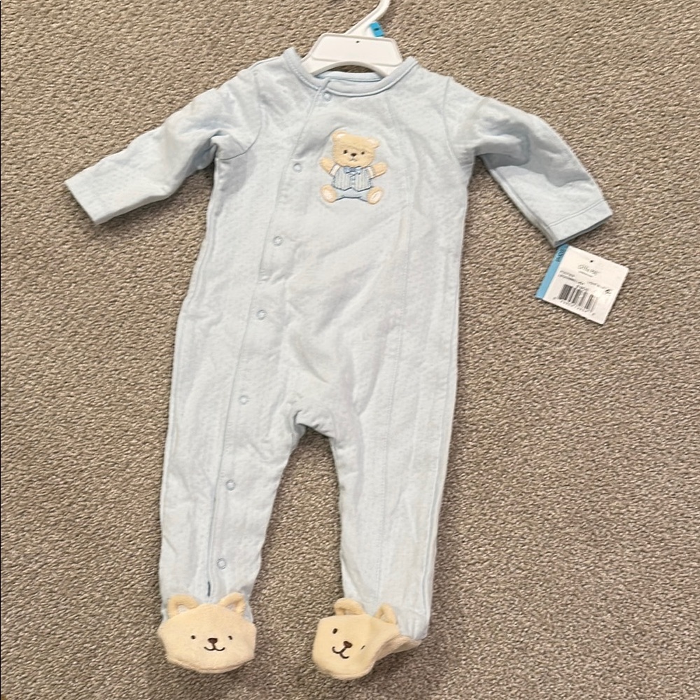 NWT Little Me Blue and Cream Footies with Animal Faces 3-6 Momths